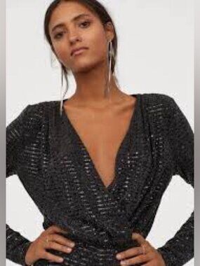 Le Château Black Sequined Wrap Top - Size Large - Holiday/Party Wear
